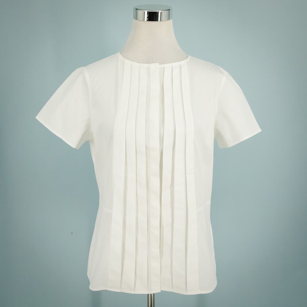Brooks Brothers Size 8 White Pleated Button Front Down Short Sleeve Cotton Top - Picture 2 of 6